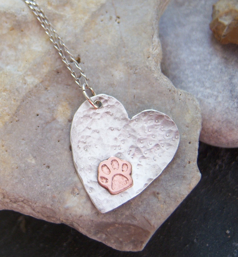 HEART PENDANT IN STERLING SILVER WITH COPPER PAW