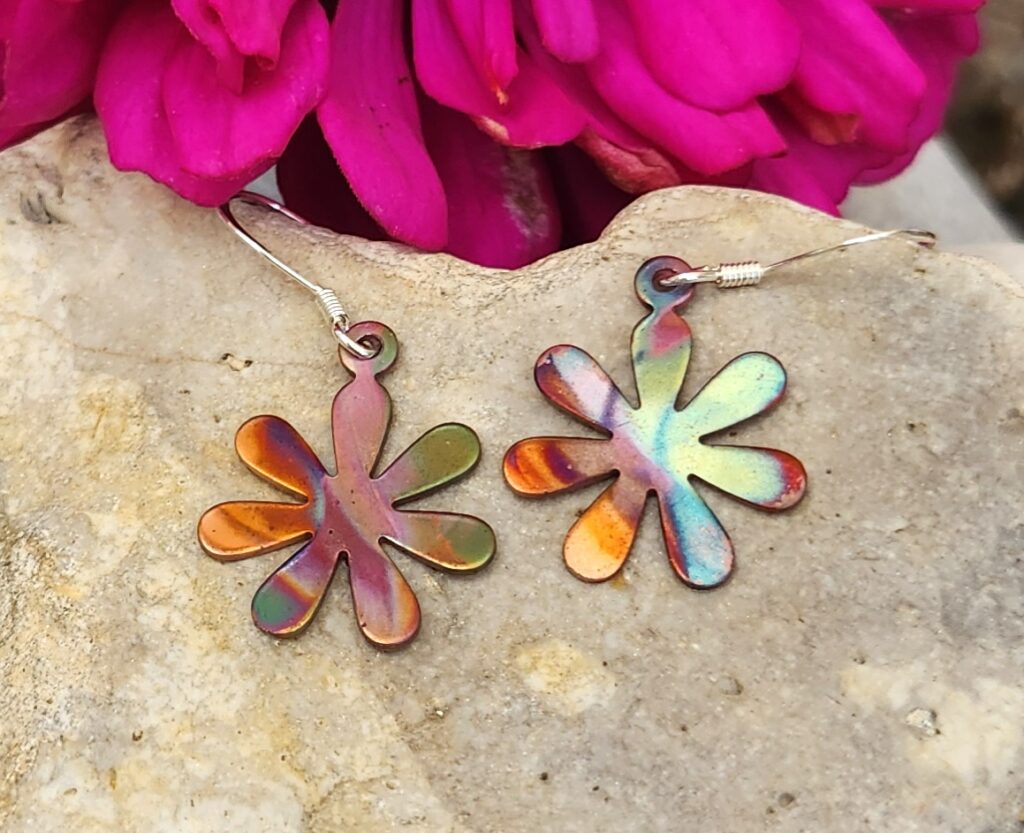 Flame-painted-copper-flower-earrings